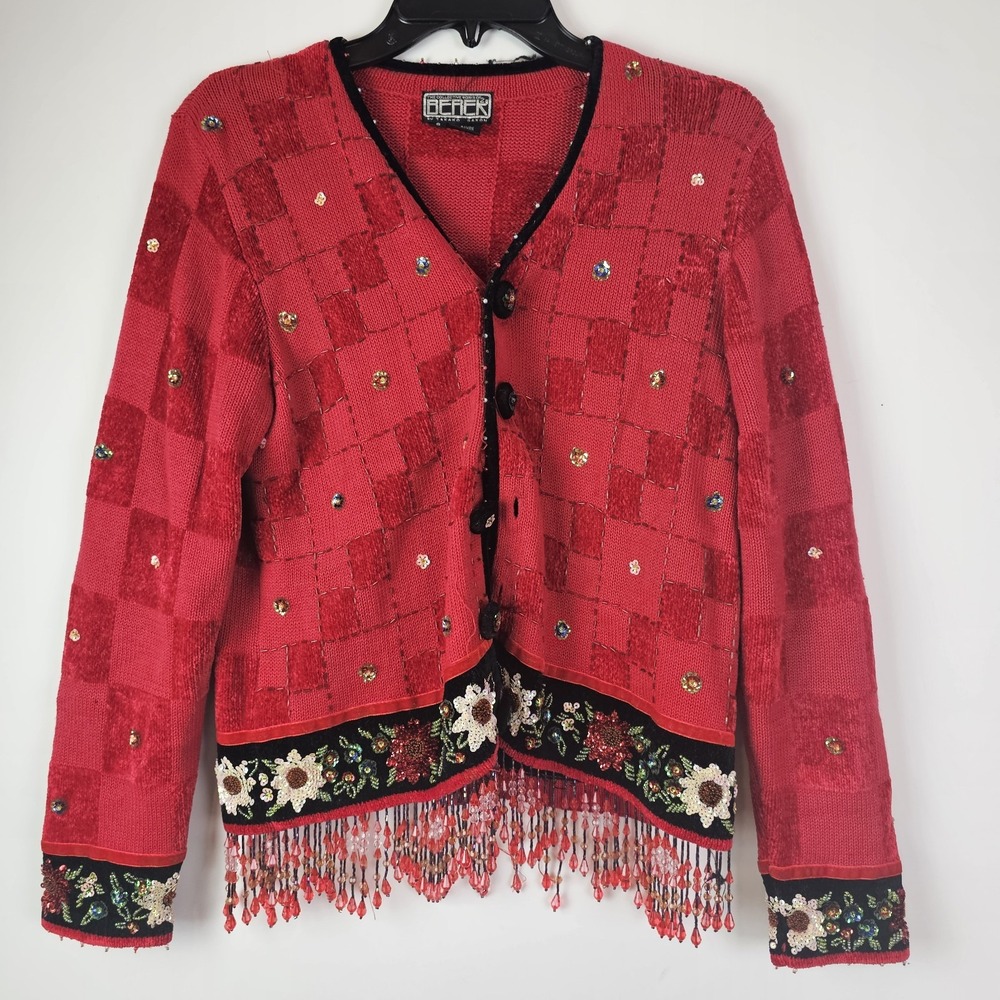 Berek 2 Takako Sakon Sweater Sz S Red Chenille Beaded Fringe Cardigan Small